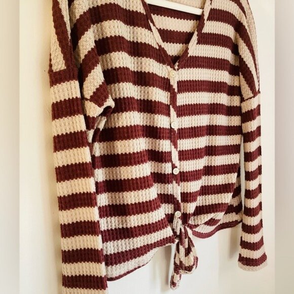 Altard State Waffle Knit Long Sleeve Tie Front Top Brown & Tan Stripes Size S - Picture 3 of 7
